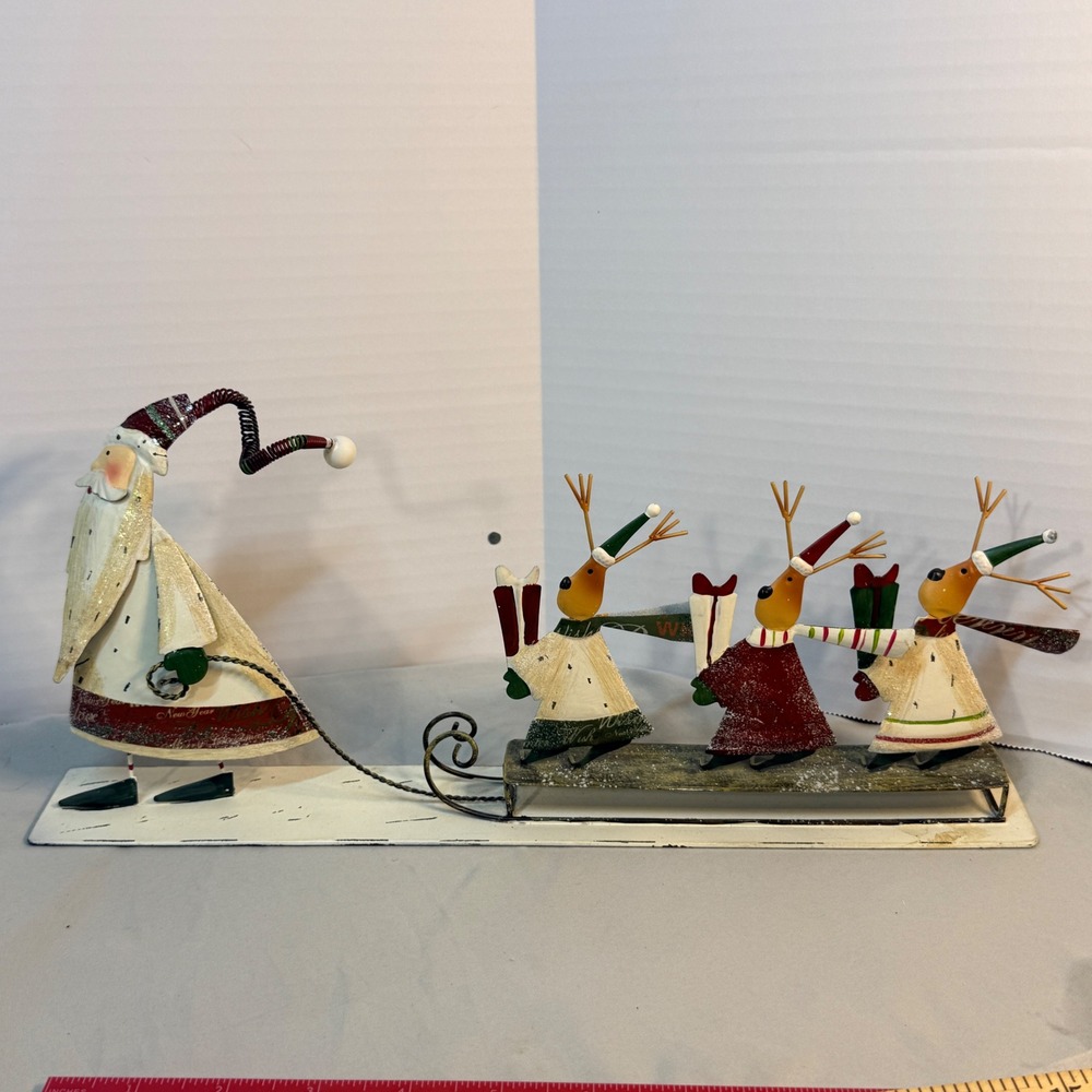 Vintage Style Metal Santa Reindeer Sled Christmas Tabletop Decor Folk Art 15in